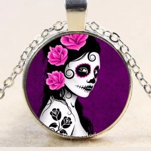 Purple Sugar Skull Girl Sivler & Glass Necklace